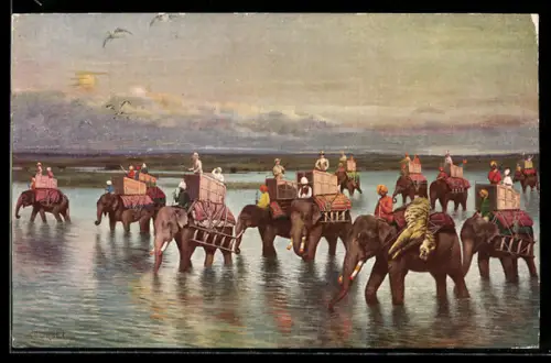 AK Elefanten im Wasser mit Baldachin auf Rücken, Hunting the Tiger, India, the Return