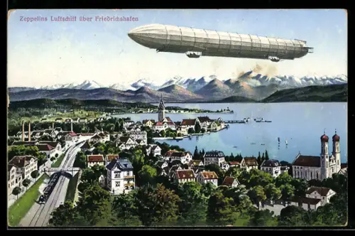 AK Friedrichshafen, Luftschiff Zeppelin und Aeroplan über der Stadt