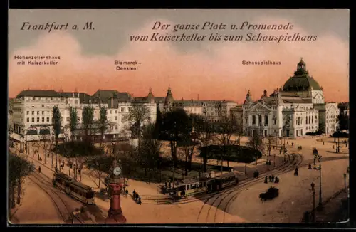 AK Frankfurt a.M., Hohenzollernhaus m. Kaiserkeller, Bismarckdenkmal, Schauspielhaus, Strassenbahn