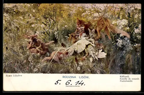 Künstler-AK Bruno Liljefors: Fuchsfamilie