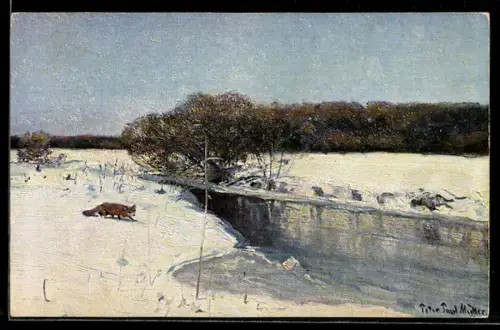 Künstler-AK Fuchs schleicht am schneebedeckten Flussufer herum