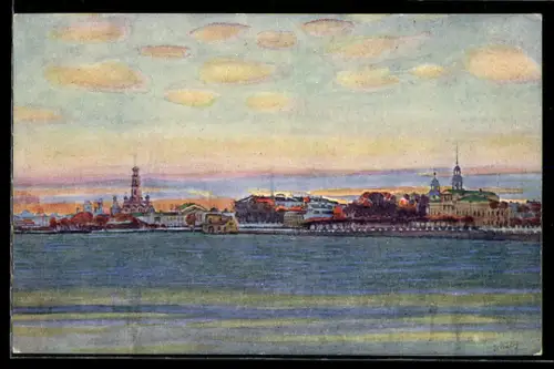 Künstler-AK Jekaterinburg, Blick vom Wasser auf die Stadt