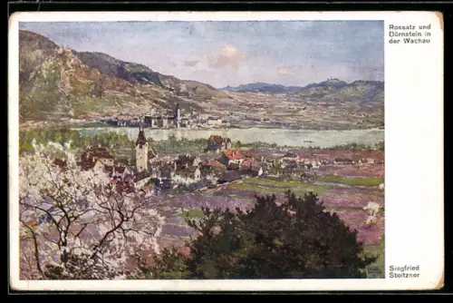 Künstler-AK Siegfried Stoitzner: Rossatz a. d. Donau, Ortsansicht aus der Vogelschau