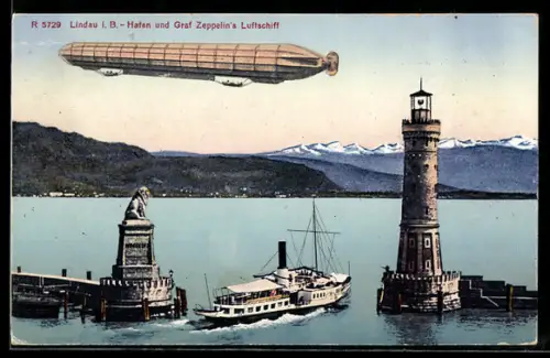 AK Lindau, Zeppelin Luftschiff, Hafeneinfahrt mit Leuchtturm