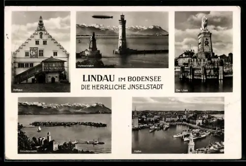 AK Lindau, Zeppelin über der Hafeneinfahrt, Der Löwe, Rathaus und Gesamtansicht