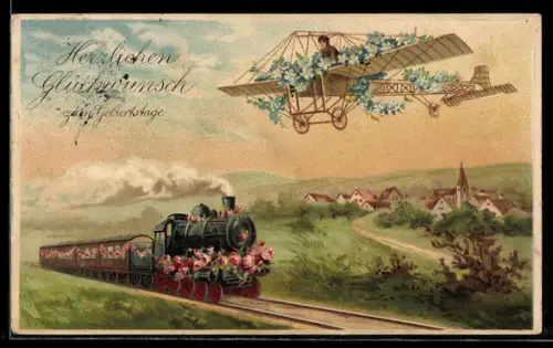 AK Geburtstagsglückwünsche mit Flugzeug und Eisenbahn