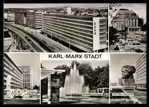 AK Karl-Marx-Stadt, Strasse der Nationen, Theaterplatz mit Opernhaus, Schlossteichanlagen