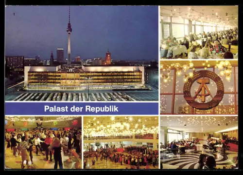 AK Berlin, moderne Architektur, Palast der Republik, Palastrestaurant, Emblem Eingangsfoyer, Fernsehturm