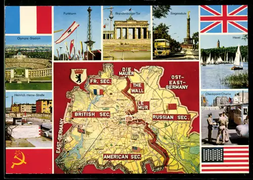 AK Berlin, Stadtkarte mit den Sektoren, versch. Ortsansichten m. Olympia-Stadion, Brandenburger Tor, Siegessäule u.a.