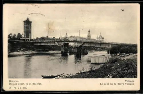 AK Wologda, Le pont sur le fleuve, Boot im Wasser
