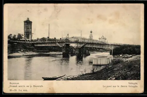 AK Wologda, Le pont sur le fleuve, Boot im Wasser