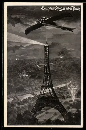 AK Paris, Dt. Flugzeug fliegt über den Eifelturm