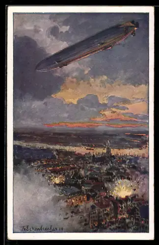 Künstler-AK sign.: T. von Eckenbrecher: Antwerpen, Zeppelin bombardiert die Stadt