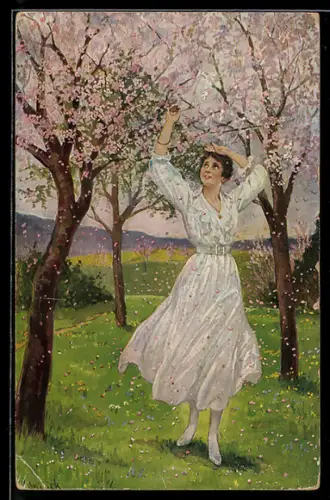Künstler-AK Alfred Mailick: Blütenschnee, Frau läuft unter den blütenden Bäumen durch