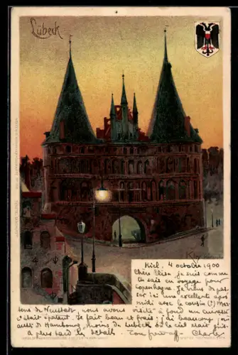 Künstler-AK Heinrich Kley: Lübeck, Stadtansicht, Wappen
