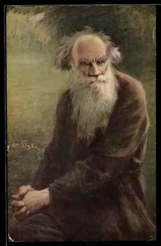 Künstler-AK Tolstoi mit nachdenklichem Blick