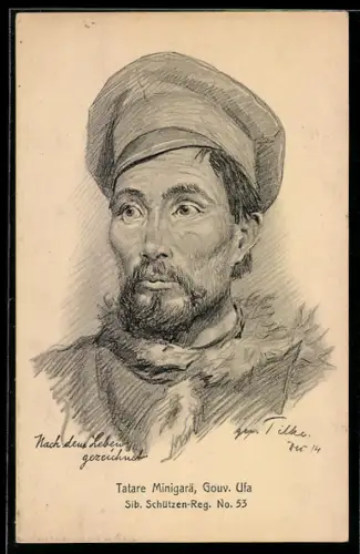 Künstler-AK Tilke: Tatare Minigarä, Gouv. Ufa, Sib. Schützen-Reg. 53, Kriegsgefangenenportrait