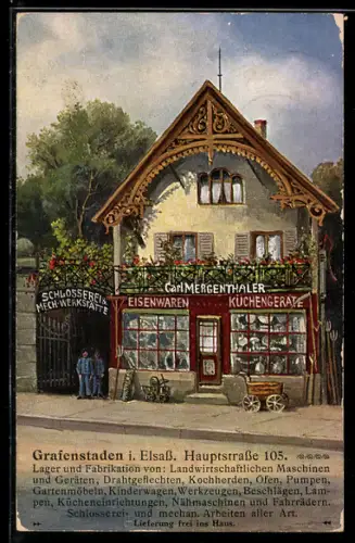 AK Grafenstaden i. Elsass, Partie an der Hauptstrasse 105 mit Eisenwarengeschäft von Carl Mergenthaler