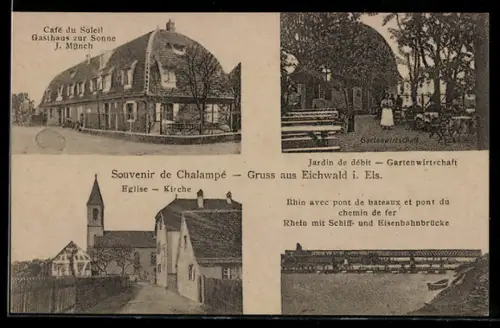 AK Eichwald i. Els, Café du Soleil mit Garten und Eisenbahnbrücke