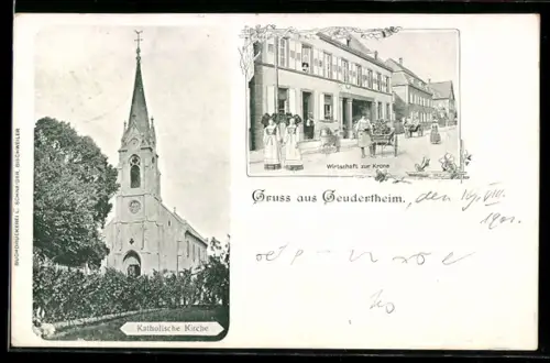 AK Geudertheim, Gasthaus zur Krone und Katholische Kirche