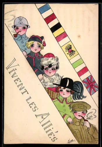 Künstler-AK Handgemalt: Kinder als Soldaten in Uniformen