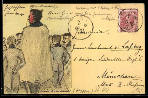 Künstler-AK Handgemalt: Soldaten in Uniformen mit grossem Soldaten