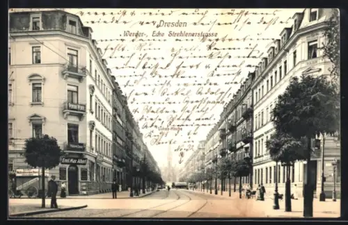 AK Dresden, Partie in der Werder-, Ecke Strehlenerstrasse mit Geschäft von Emil Max Albert und Pension Weber