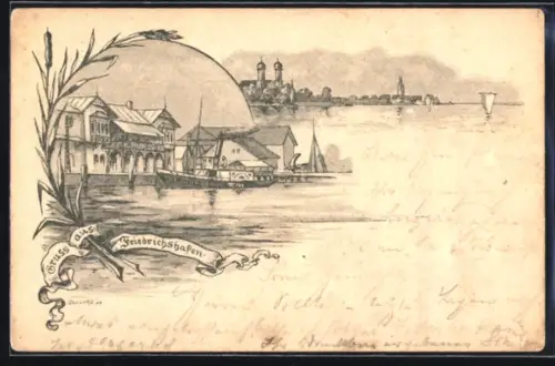 Vorläufer-Lithographie Friedrichshafen, 1895, Hafenpartie mit Dampfschiff und Teilansicht des Ortes mit Kirchtürmen