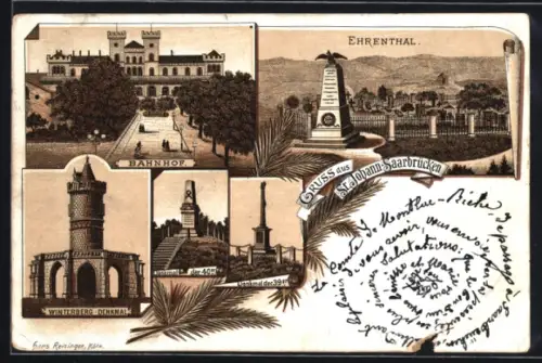 Vorläufer-Lithographie Saarbrücken-St. Johann, 1895, Ehrental mit Kriegerdenkmal, Bahnhof, Winterberg-Denkmal