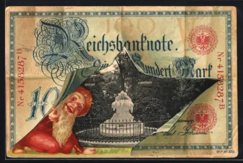 AK Düsseldorf, Partie am Blonbatbrunnen, Reichsmark-Schein und Zwerg im Passepartout