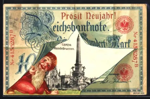AK Leipzig, Partie am Mendebrunnen mit Reichsmark-Schein und Zwerg als Passepartout