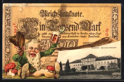 AK Hohenheim, Königliche Landw. Hochschule, Reichsbanknote über 1000 Mark und Zwerg mit Bierglas als Passepartout