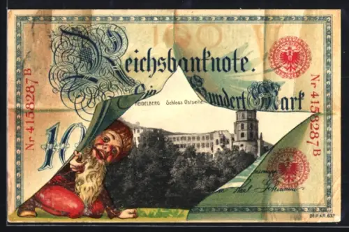 AK Heidelberg, Schloss von der Ostseite mit Reichsmark-Schein und fröhlichem Zwerg im Passepartout