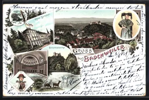 Lithographie Badenweiler, Hotel Sommer, Schwanenweiher, Marmorbad, Frauen in Trachten