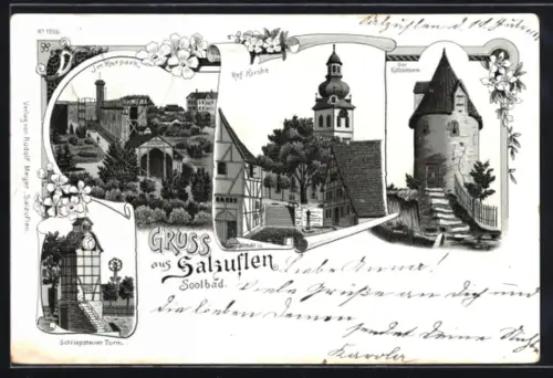 Lithographie Salzuflen, Katzenturm, Schliepsteiner Turm, Ref. Kirche