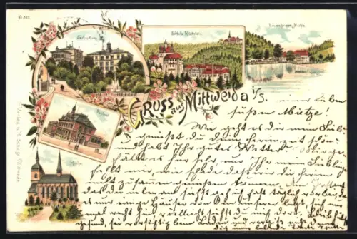 Lithographie Mittweida i. S., Technikum, Postamt, Kirche und Schloss Kriebstein