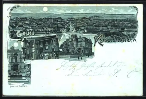 Mondschein-AK Kaiserslautern, Villa Kafitz, Bismarck-Denkmal, Rittersaal und Totalansicht