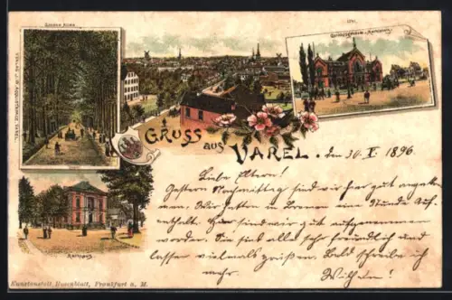 Lithographie Varel, Gerichtsgebäude, Grosse Allee und Rathaus