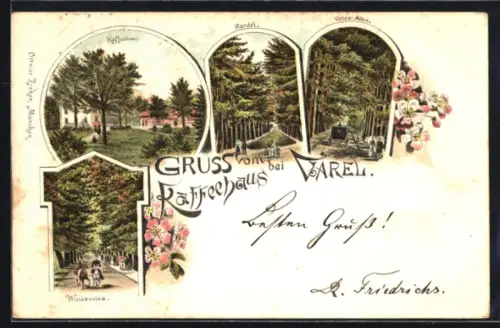 Lithographie Varel, Gruss vom Kaffeehaus, Rondel, Grosse Allee, Windsallee