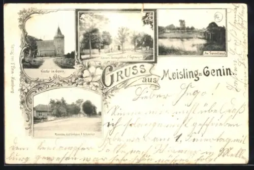 AK Moisling-Genin, Café von A. Schreiber, Kaiserl. Postagentur, Am Travestrand