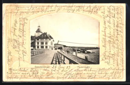 Passepartout-AK Geestemünde, Uferpartie mit Auktions- u. Packhalle, Ornamente
