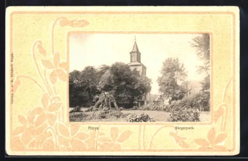 AK Hoya, Partie im Bürgerpark mit Kirche, Passepartout im Jugendstil