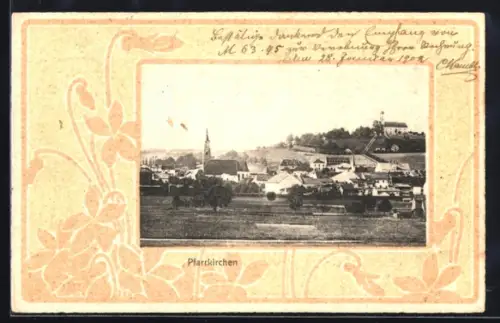 AK Pfarrkirchen, Totalansicht des Ortes mit Kirche, Passepartout im Jugendstil