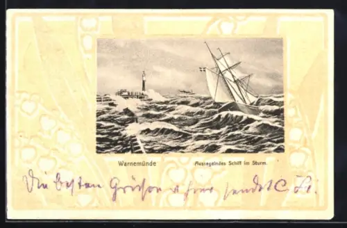 AK Warnemünde, Aussegelndes Schiff i. Sturm