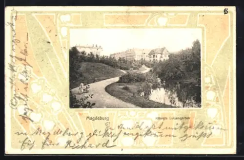AK Magdeburg, Partie im Königin Luisengarten, Passepartout im Jugendstil