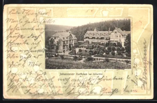 AK Zellerfeld, Johanneser Kurhaus mit Gartenanlagen, Passepartout im Jugendstil