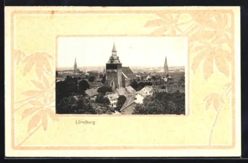 AK Lüneburg, Teilansicht des Ortes mit Kirchen, Passepartout im Jugendstil
