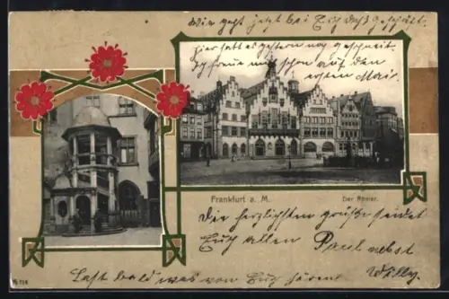 AK Frankfurt a. M., Partie am Römer, Passepartout im Jugendstil