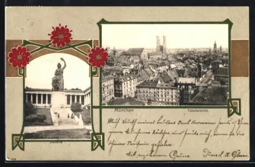 AK München, Totalansicht und Bavaria, Passepartout im Jugendstil