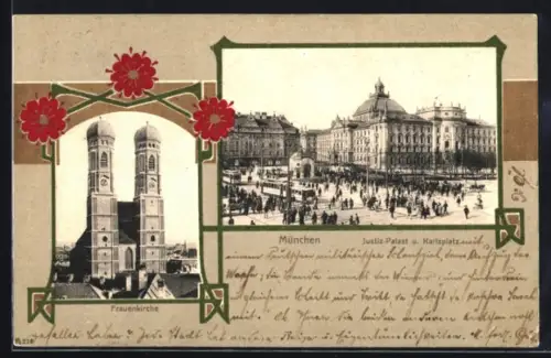 AK München, Justiz-Palast, Partie am Karlsplatz und Frauenkirche, Passepartout im Jugendstil